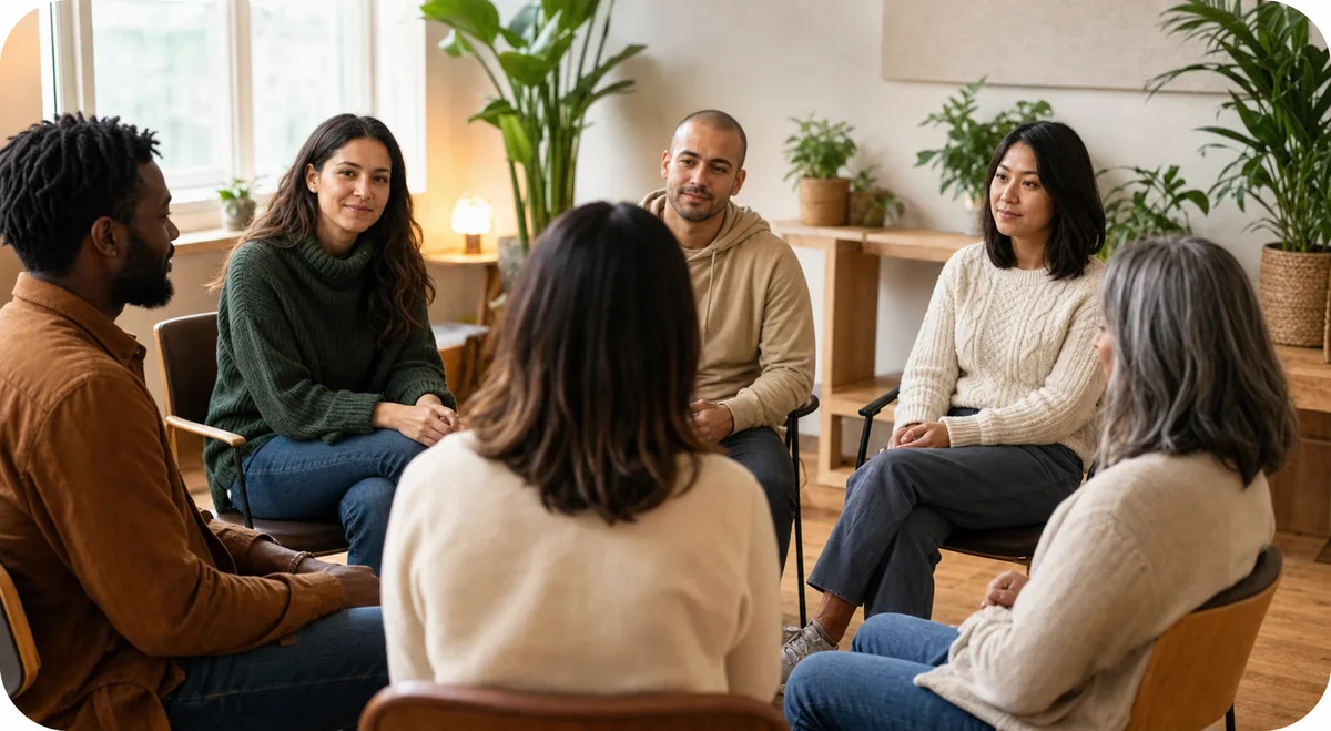 A small group sitting together in a supportive community circle